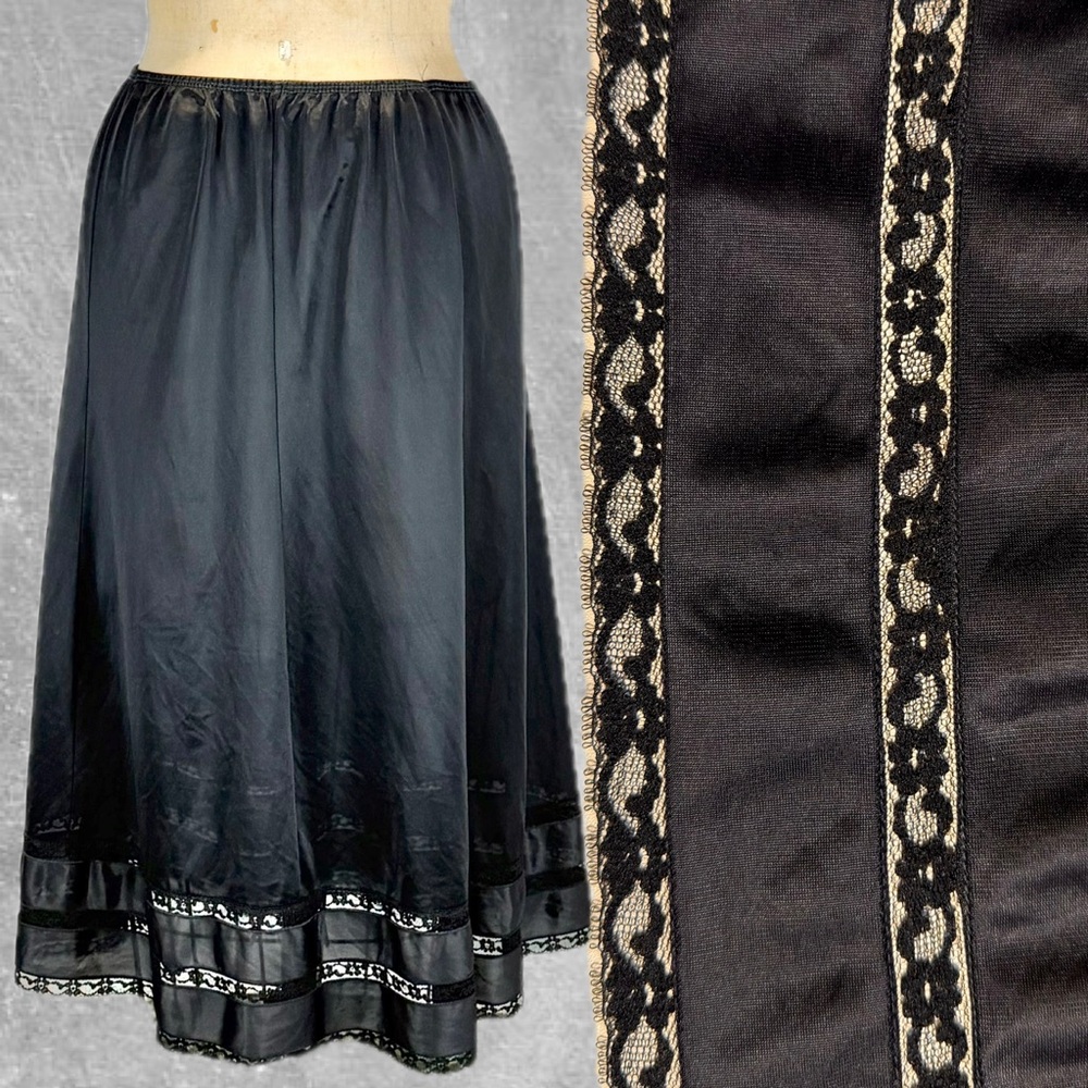 VINTAGE black lace silky nylon skirt slip lingerie layer gaymode jcpenney 70s